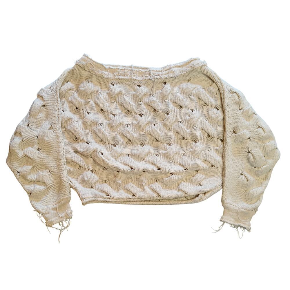 Free People Cream Cable Knit Distressed Crop Sweater Small